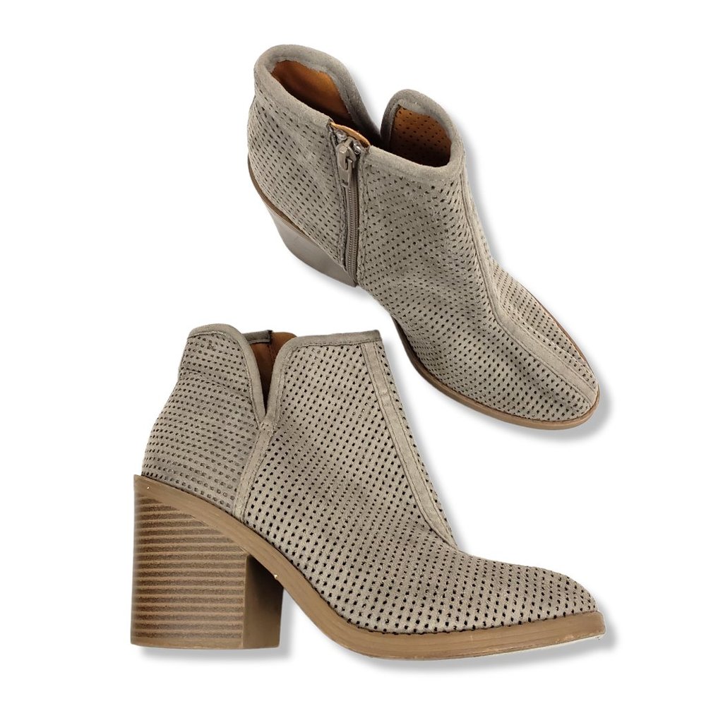 Soda Taupe Perforated Faux Suede Heeled Ankle Booties Size 8